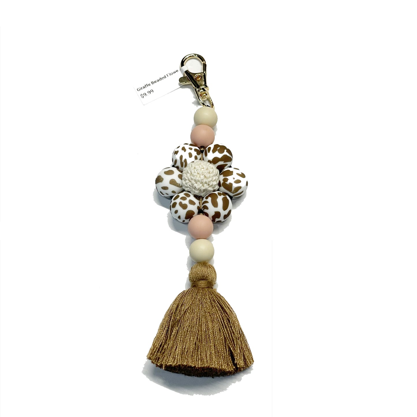 Brown Cow Spot Flower Tassel Keychain