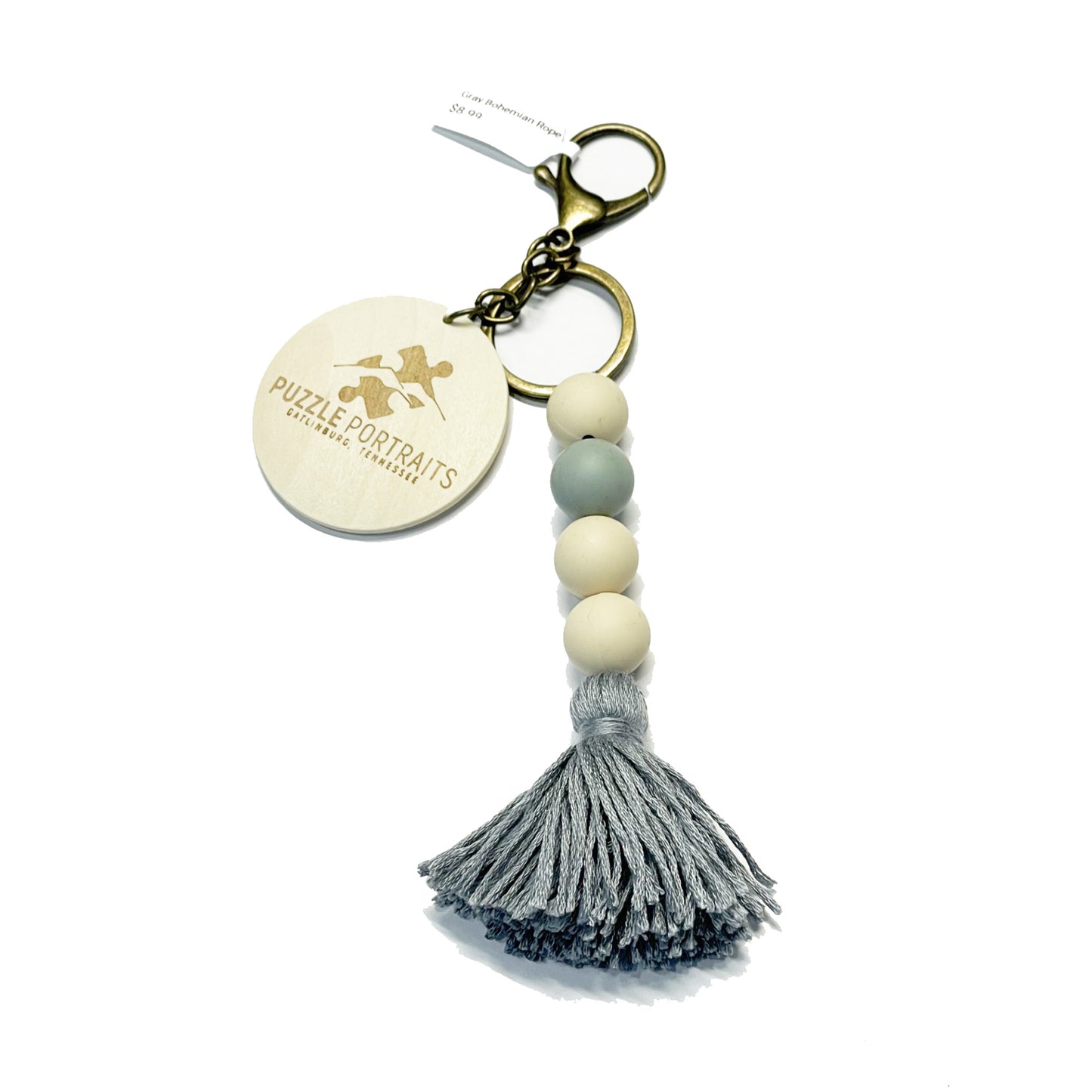 Puzzle Portraits Bohemian Tan &amp; Gray Beaded Keychain