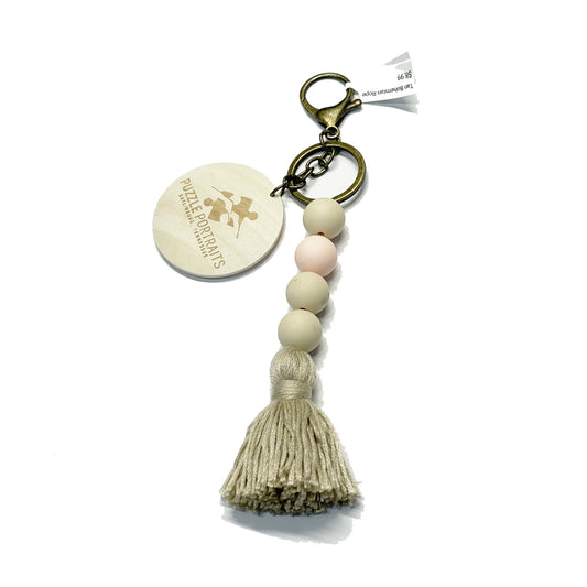 Puzzle Portraits Bohemian Tan &amp; Pale Pink Beaded Keychain